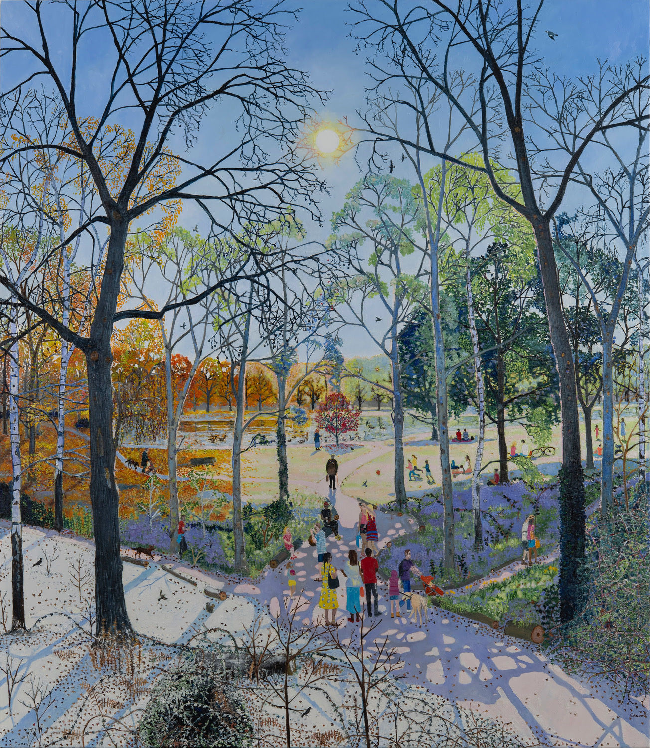 Sunny city park scene with people walking and trees in bloom by British artist Emma Haworth represented by Rebecca Hossack Art Gallery.