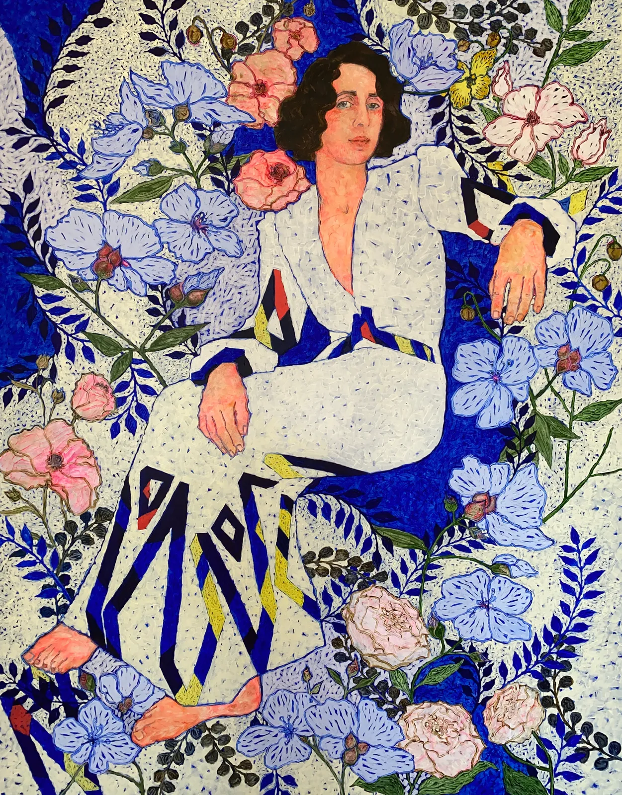 Nikoleta Sekulovic, elegant seated woman adorning a patterned dress surrounded by flowers