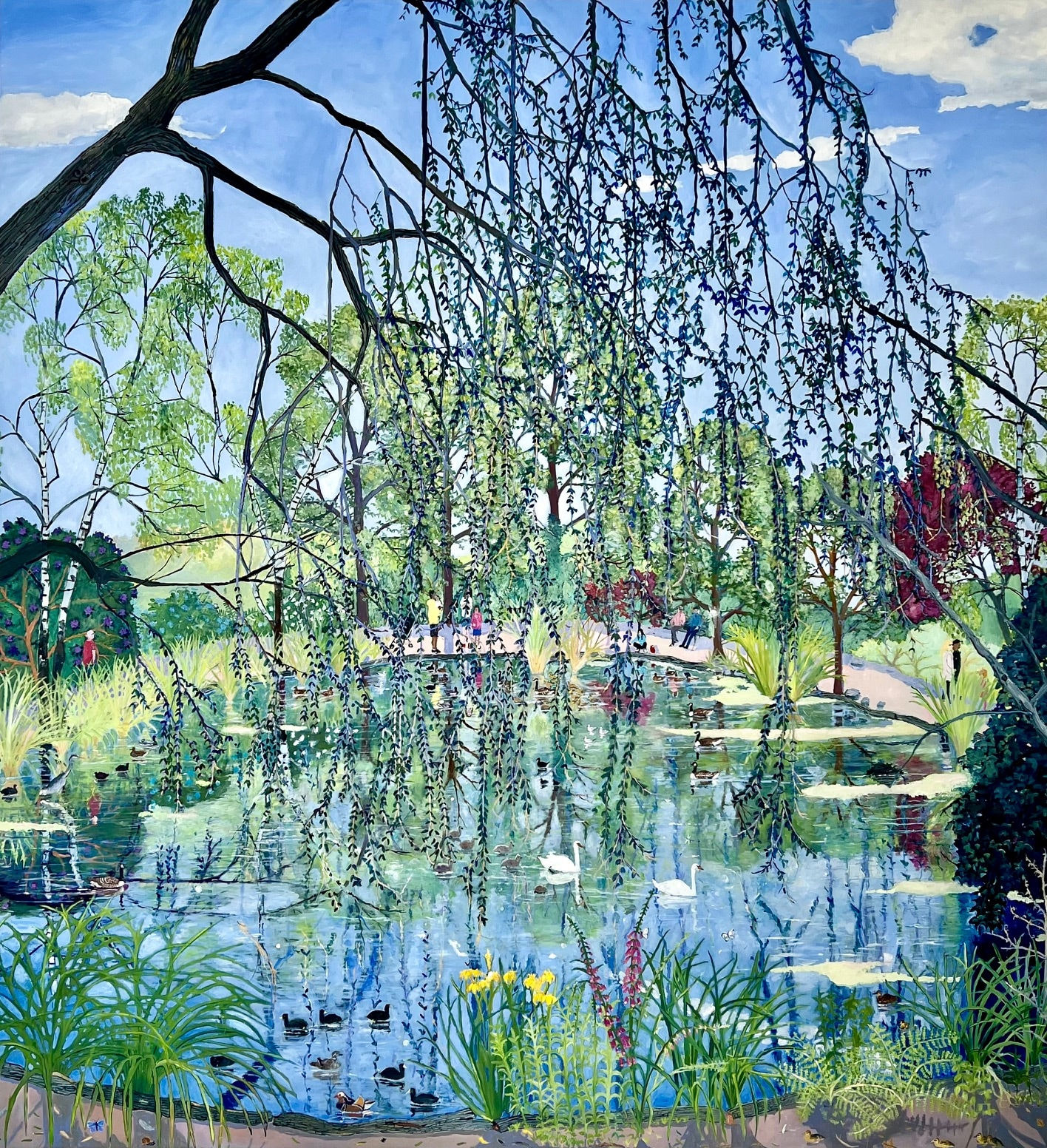 Oil on canvas painting of a weeping willow tree over a pond with green and blue and purple details by British painter Emma Haworth represented by Rebecca Hossack Art Gallery.