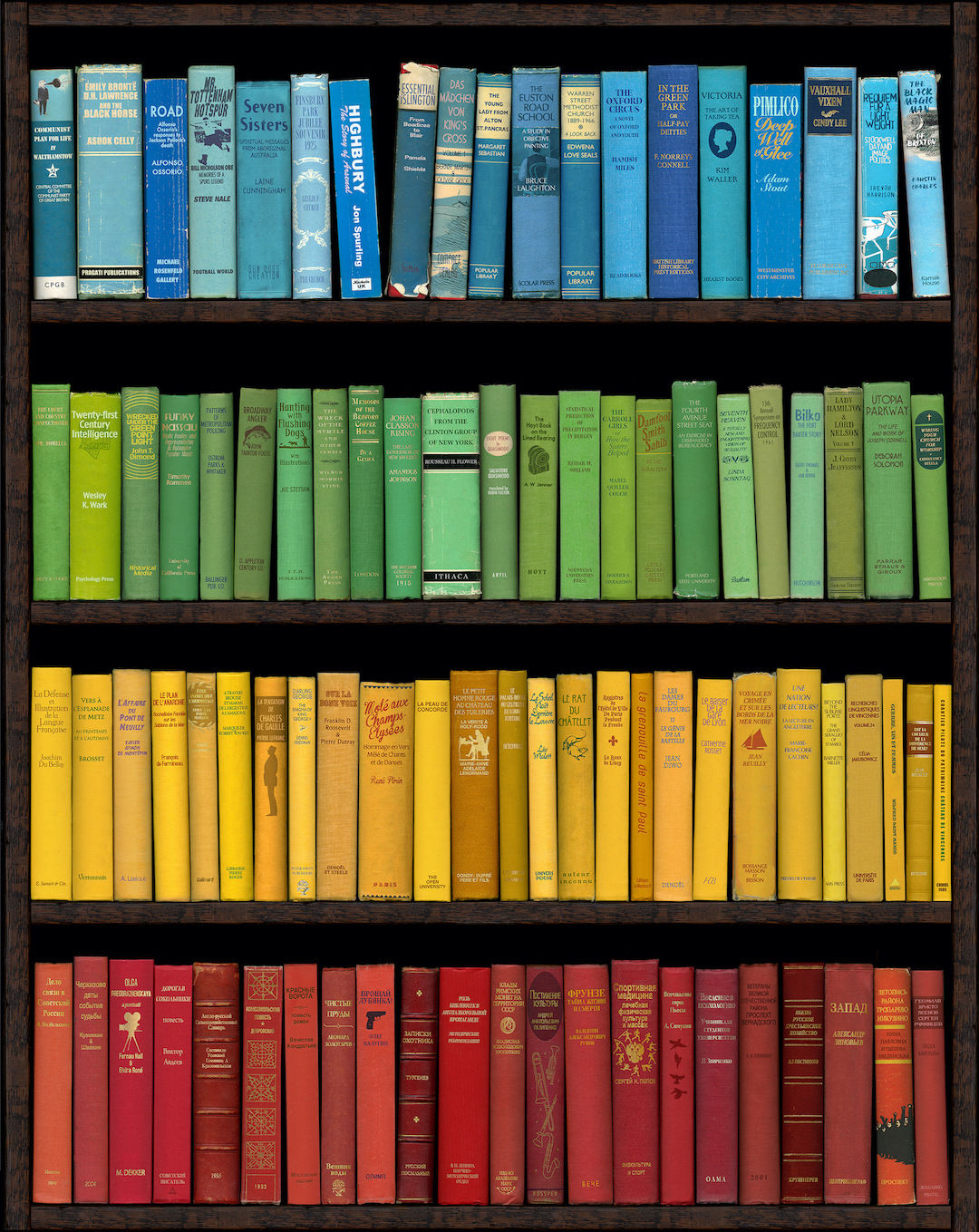 Conceptual bookshelf print by Phil Shaw containing blue and green and yellow and red books with titles about locations in London and New York and Paris and Moscow by British artist Phil Shaw represented by Rebecca Hossack Art Gallery.