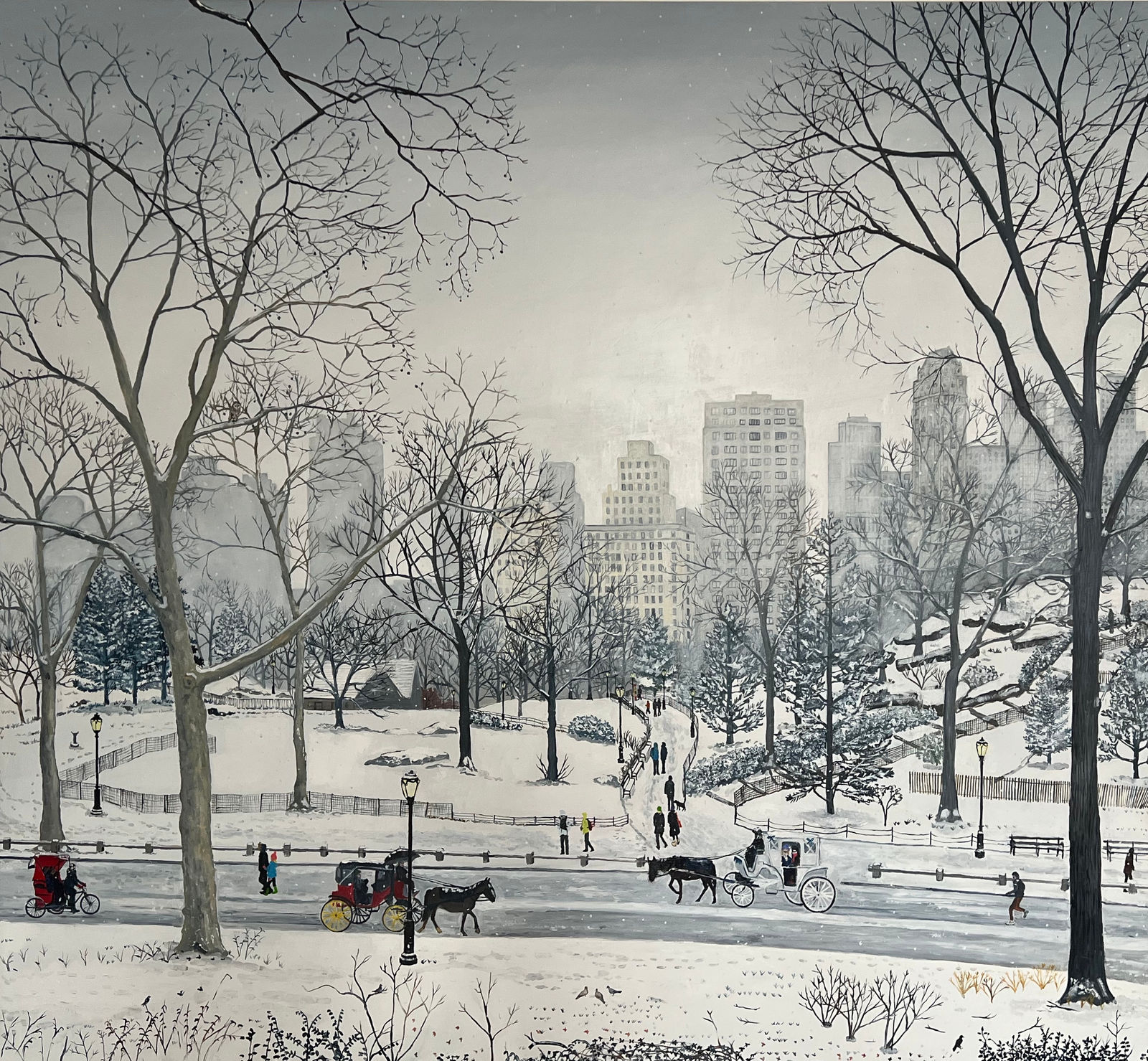 Painting of a snowy metropolitan scene with horses and people walking by Emma Haworth represented by Rebecca Hossack Art Gallery.