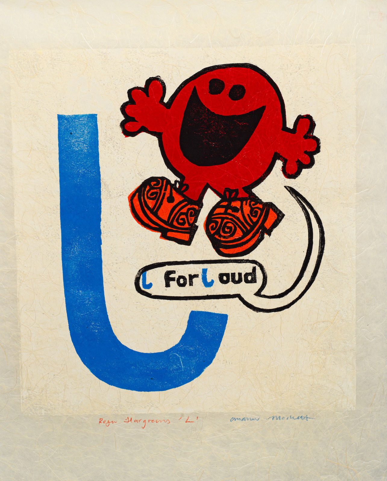 Blue pop art print of the letter J featuring a Mr. Men cartoon character by British artist Andrew Mockett represented by Rebecca Hossack Art Gallery.