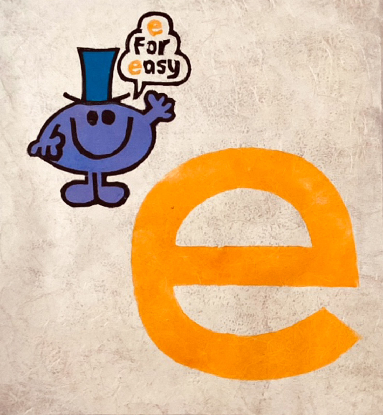 Yellow pop art print of the letter E featuring a Mr. Men cartoon character by British artist Andrew Mockett represented by Rebecca Hossack Art Gallery.