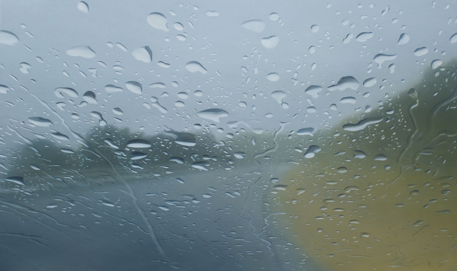 Dutch artist Esther Nienhuis, hyperreal oil painting on canvas, rainy landscape