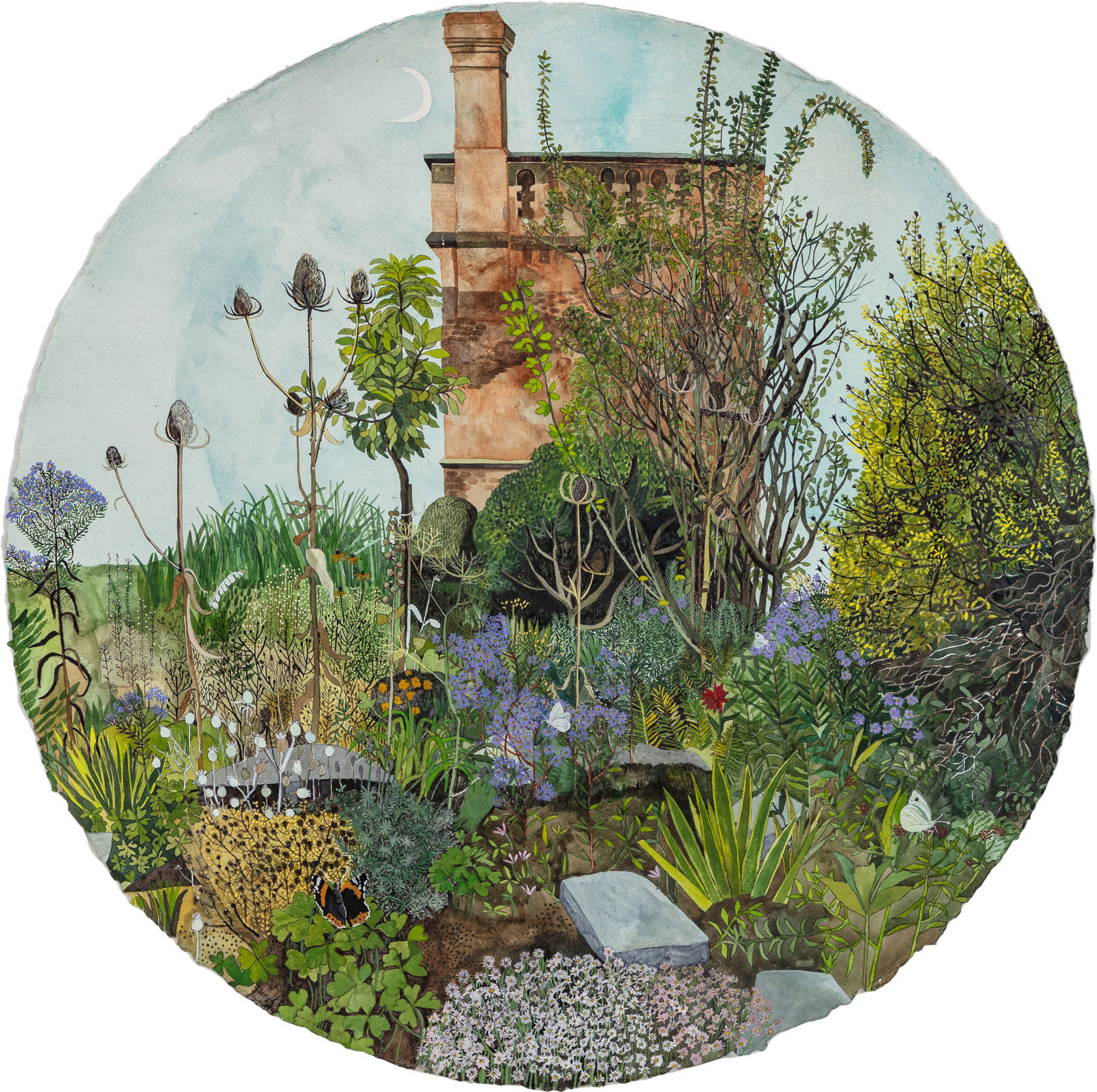 Watercolour painting of a tower with the moon in the background and various flora and fauna by British-Cypriot artist Sophie Charalambous.