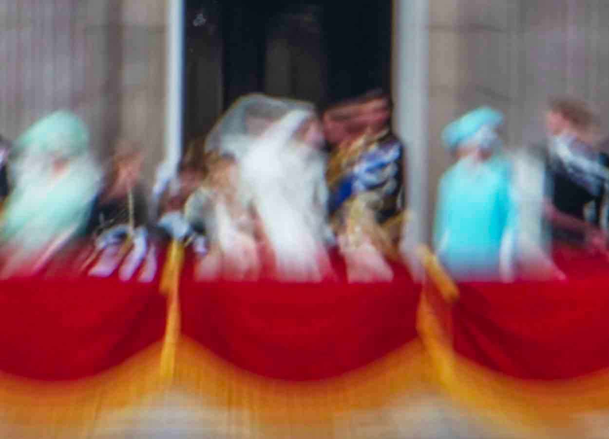 Jason Shulman chromogenic print of Charles and Diana on their wedding day with red, orange, and turquoise detail.
