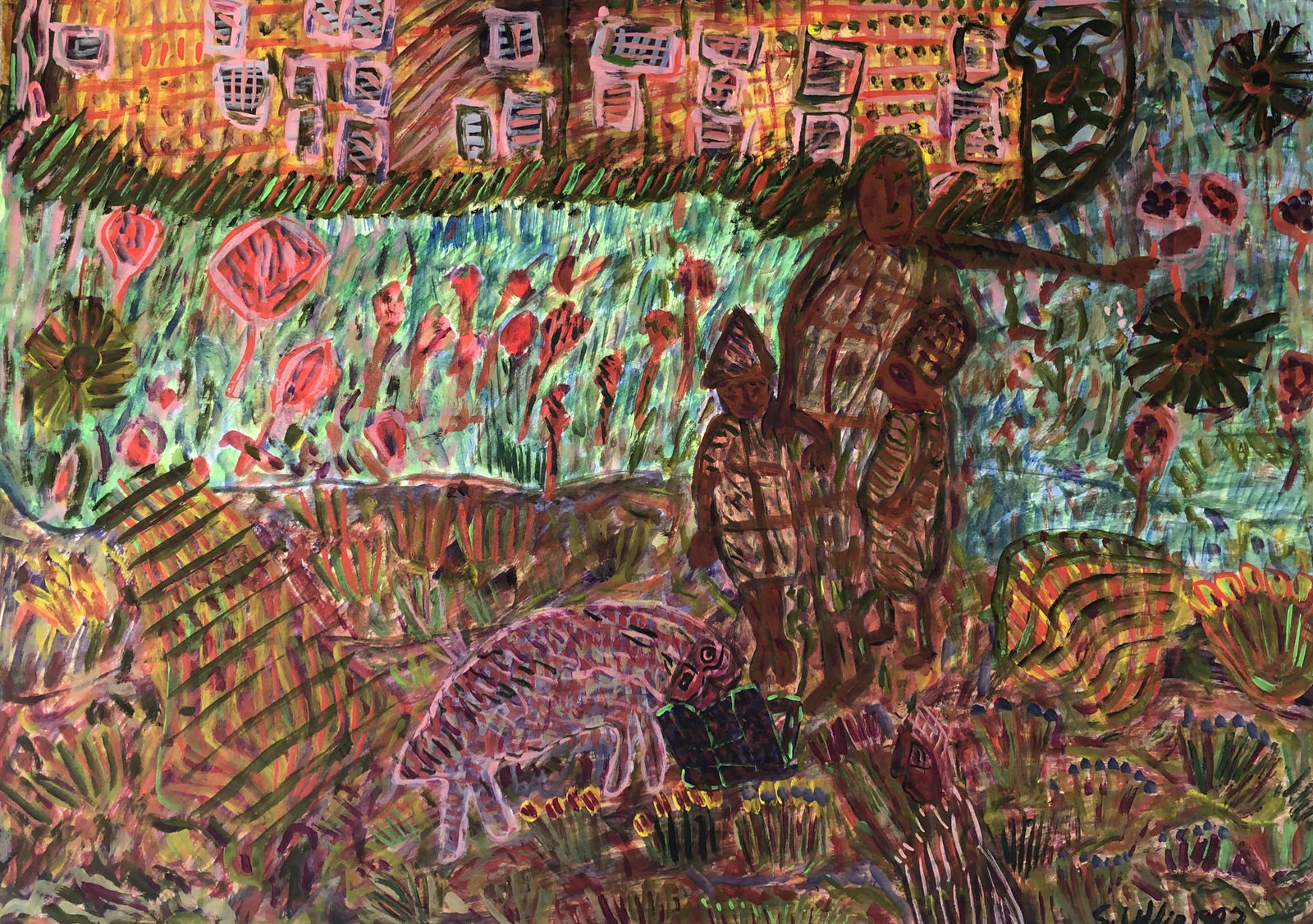 Uddin’s paintings – done in gouache on paper – shimmer with expressive colour. Their characteristic short, dynamic brushstrokes impart a compelling energy to each scene