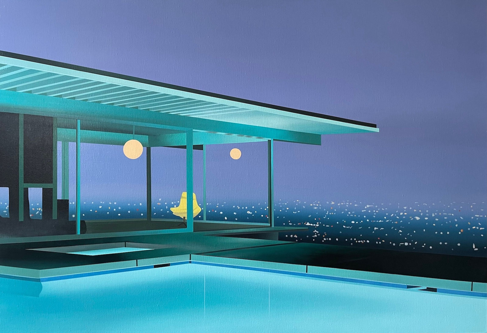 Laurence Jones British artist acrylic paint hyperreal architecture night pool hollywood mansion