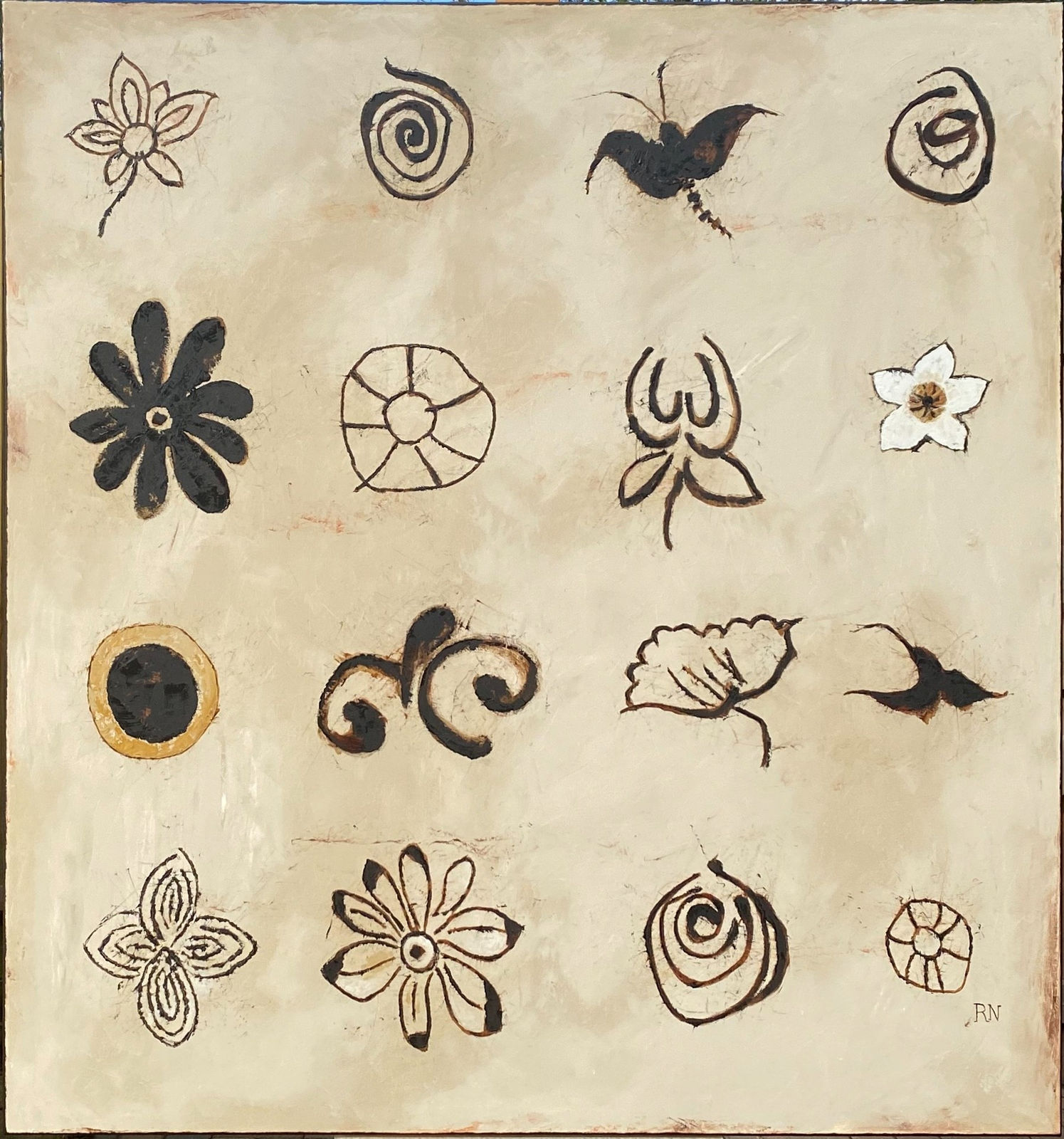 sixteen illustrations of different flowers arranged in rows of four. by artist Richard Nott.