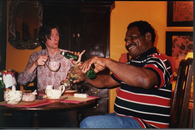 Mathias Kauage, Mathias Kauage and Matthew Sturgis in London for Kauage's exhibition at the gallery