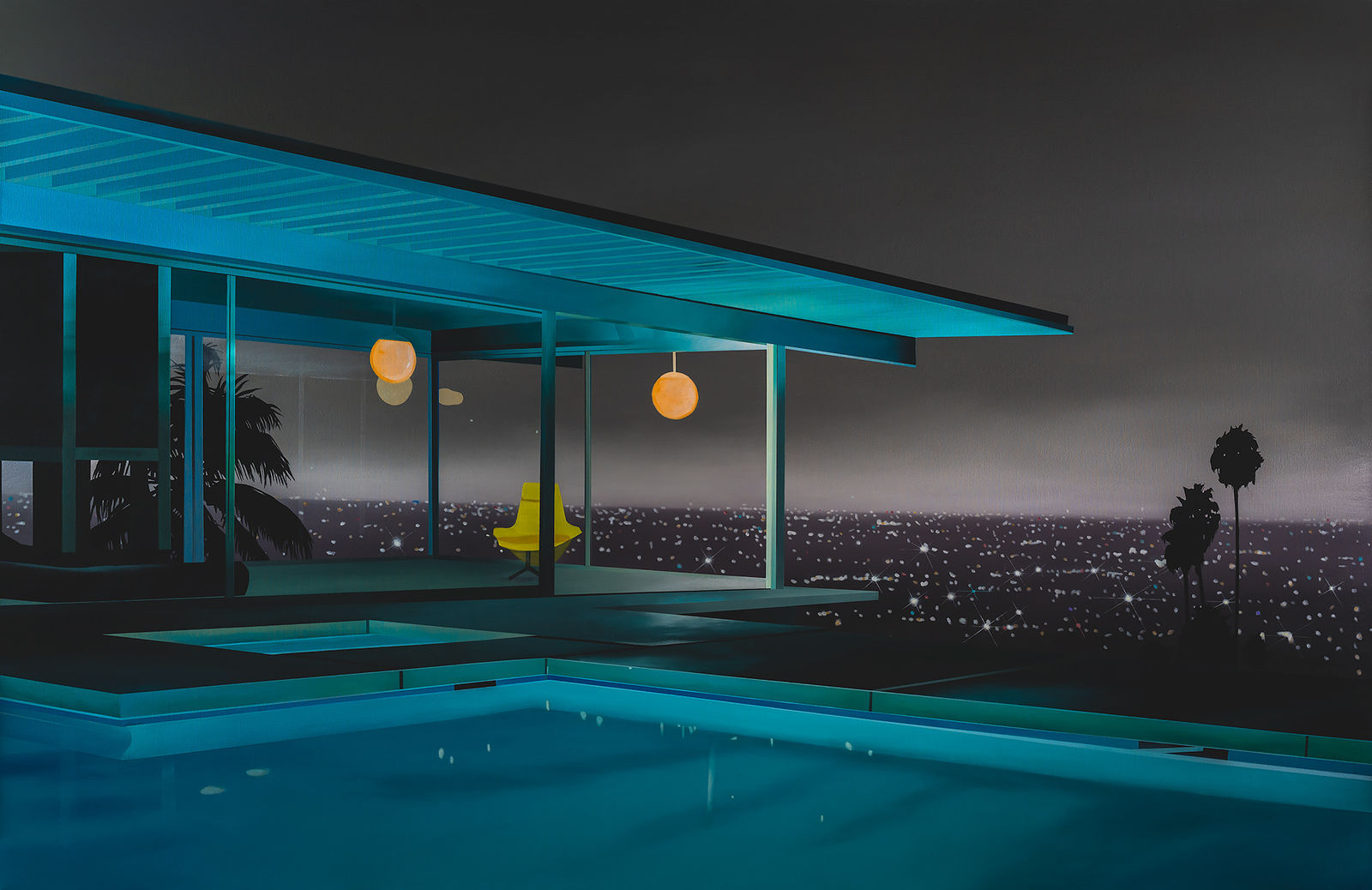 Laurence Jones painting of LA house with pool and lamps at twilight