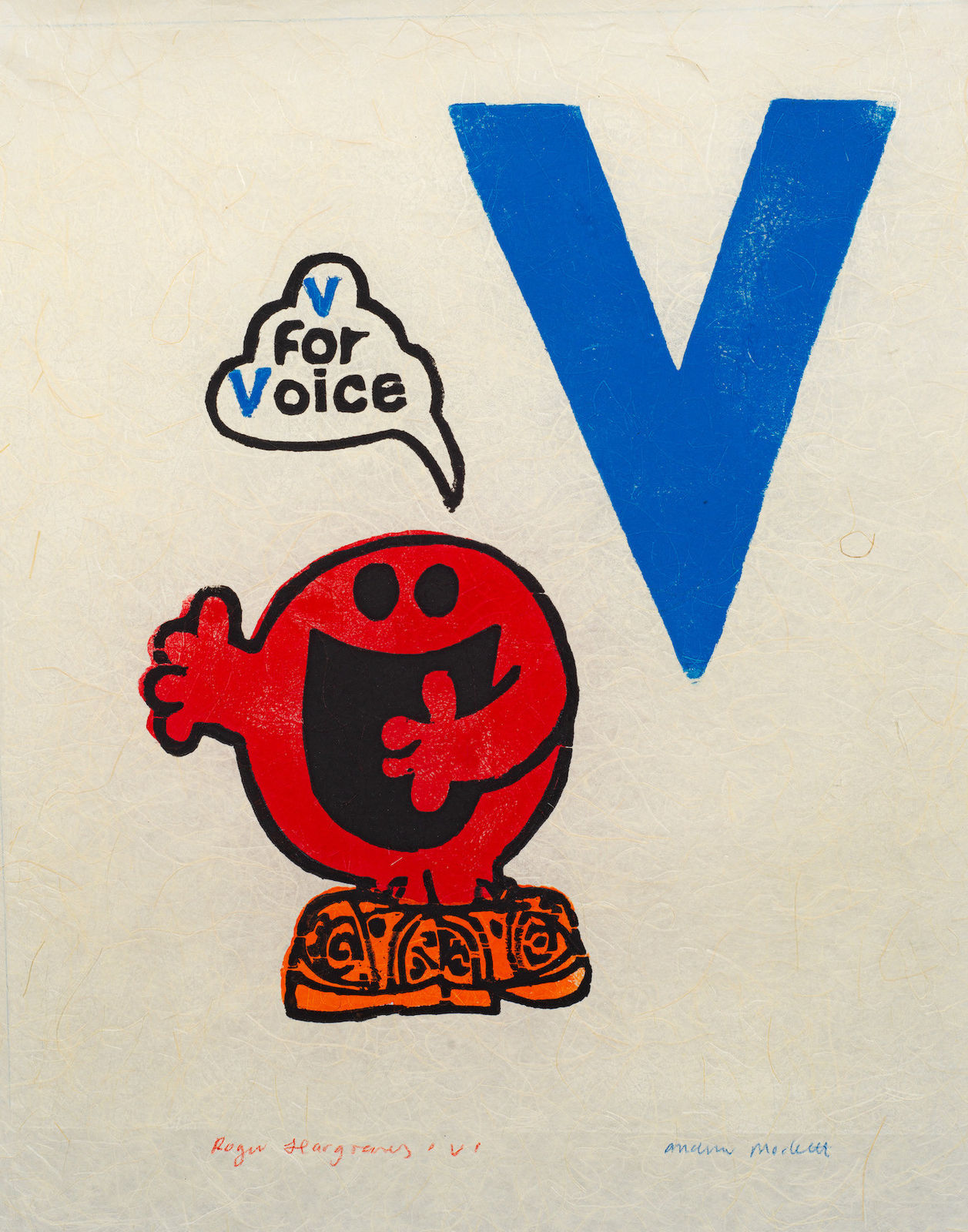 Blue pop art print of the letter V featuring a Mr. Men cartoon character by British artist Andrew Mockett represented by Rebecca Hossack Art Gallery.