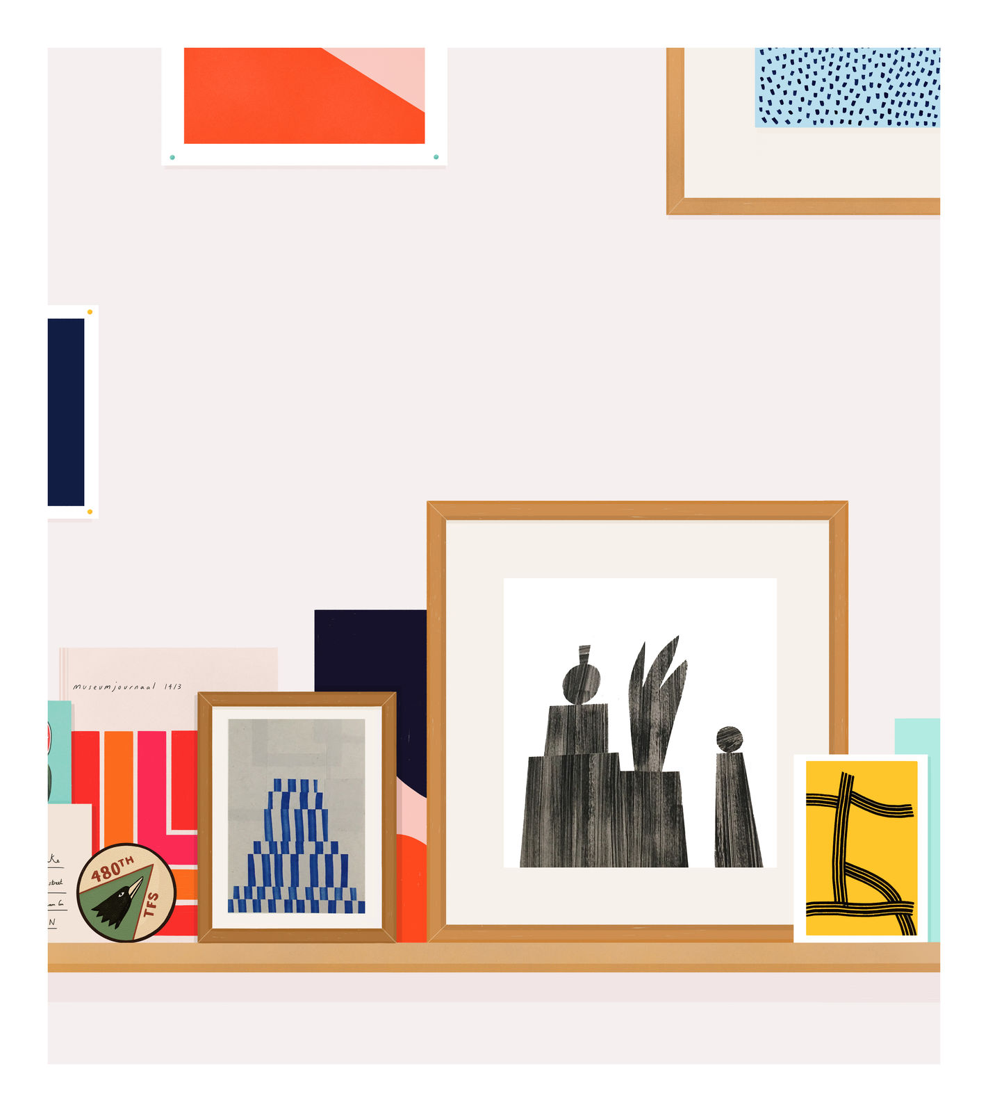 digitally-designed and hand-painted museum shelf, depicting multiple colourful paintings within. Represented by Rebecca Hossack Gallery.