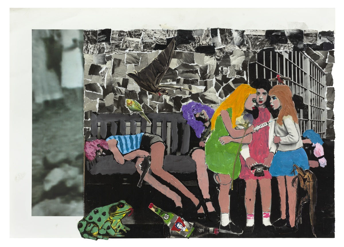 Two girls sleeping on a bench with bright pink and purple hair. Three other girls standing huddled together whispering. A large green frog on the floor.