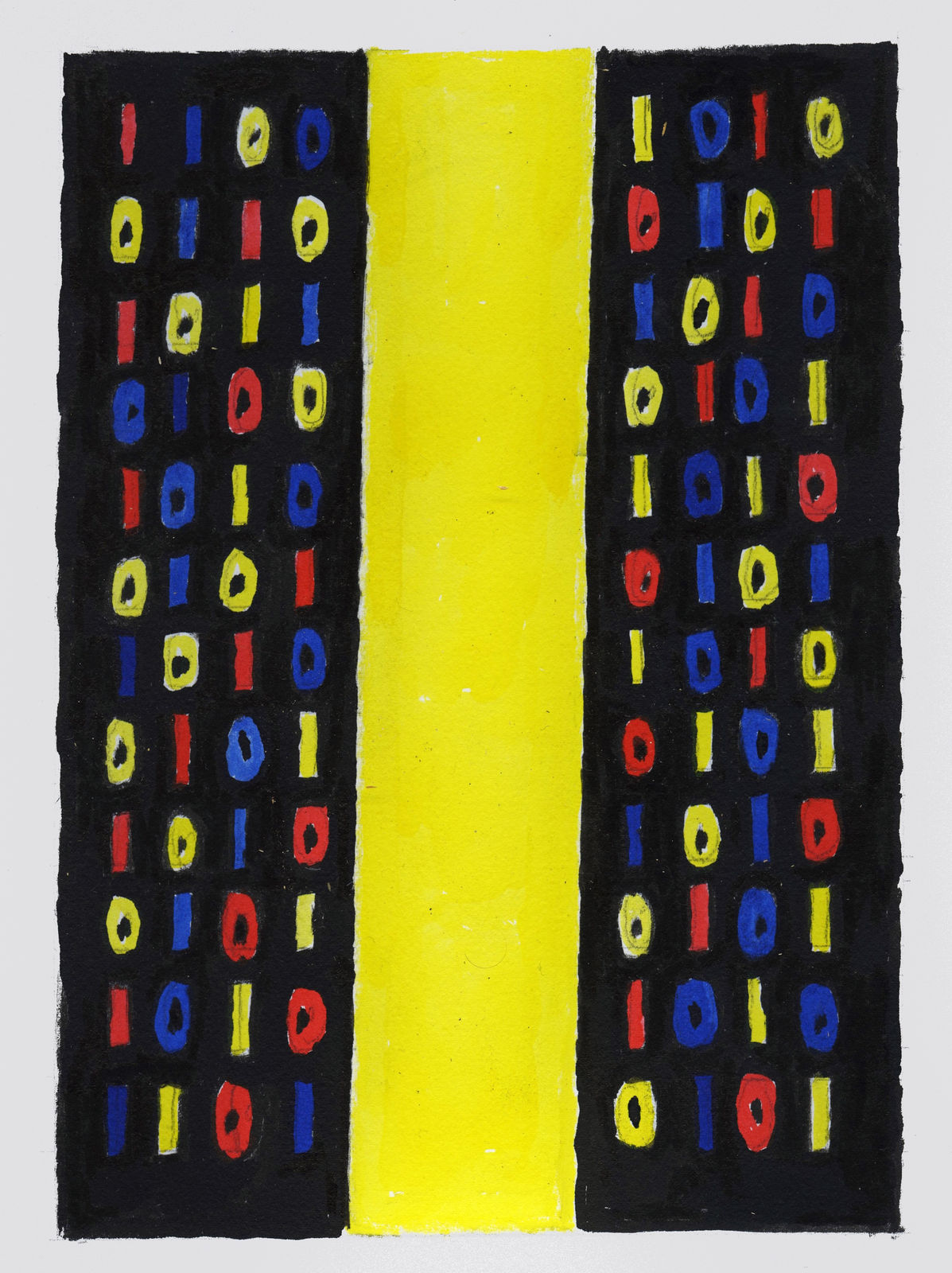 Black background with a solid yellow vertical bar down the middle. Red, blue, and yellow 1s and 0s on either side.