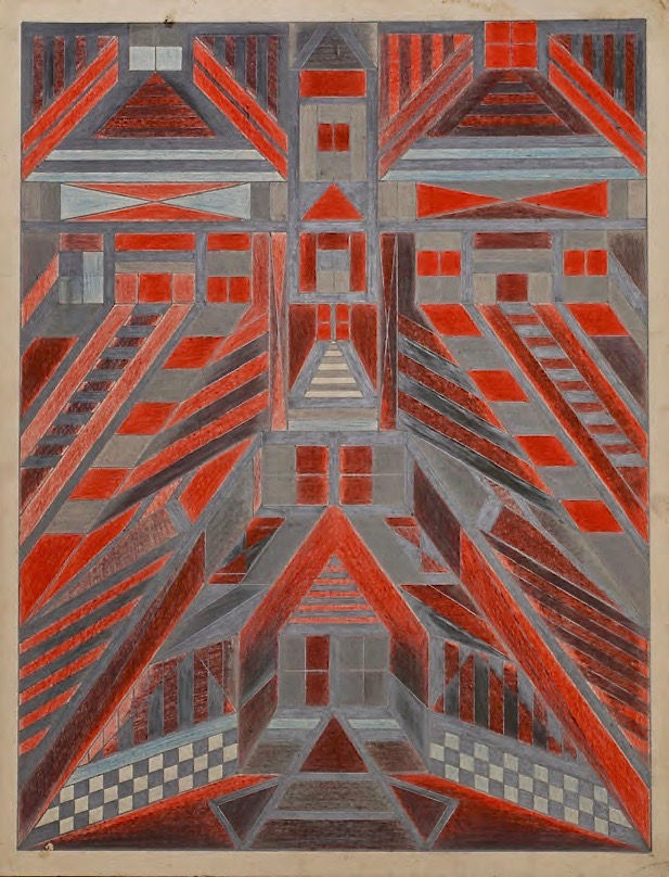 Black, red, and grey colored sketch of symmetrical angular geometric shapes.