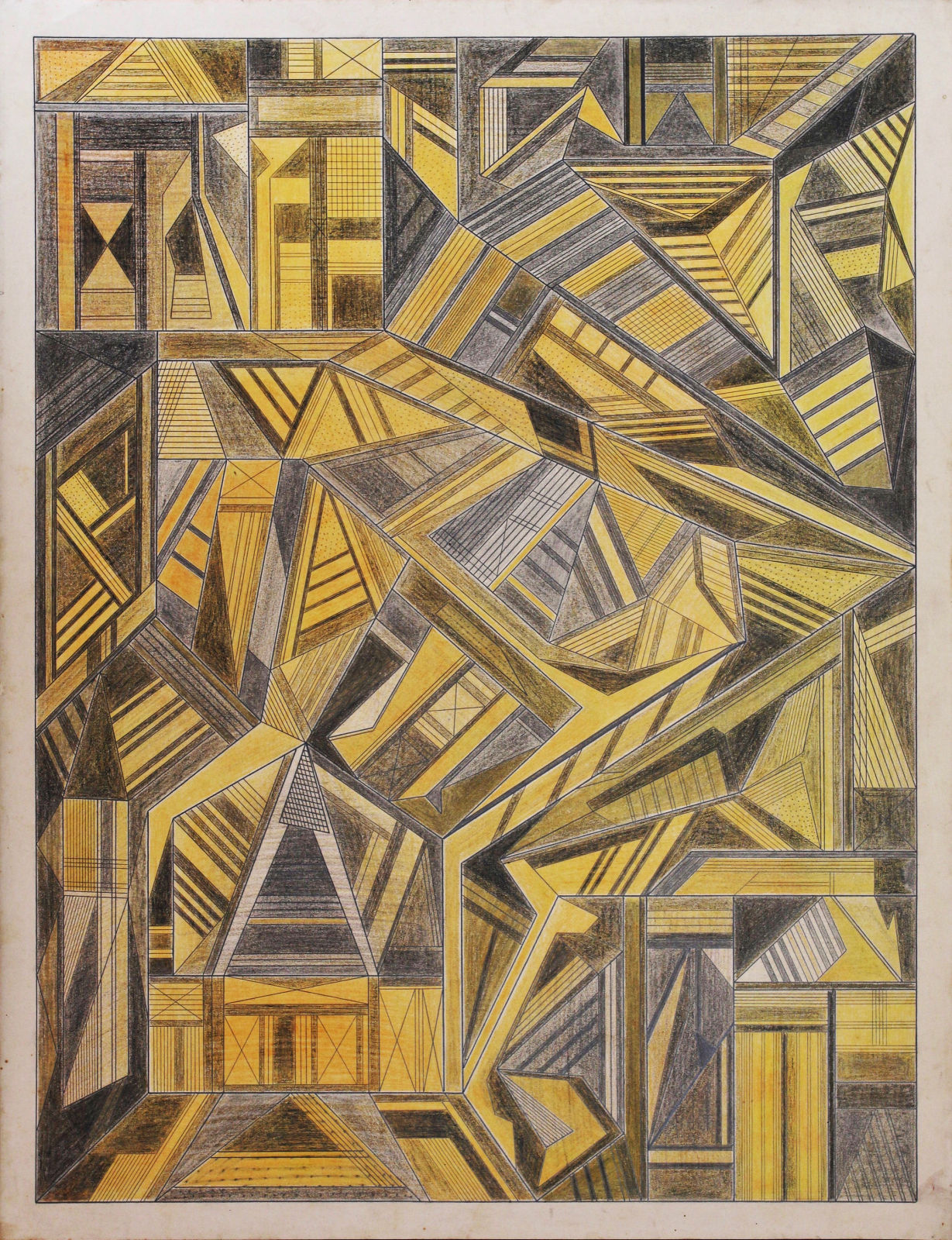 Yellow, grey, and black colored sketch of various angular geometric shapes.