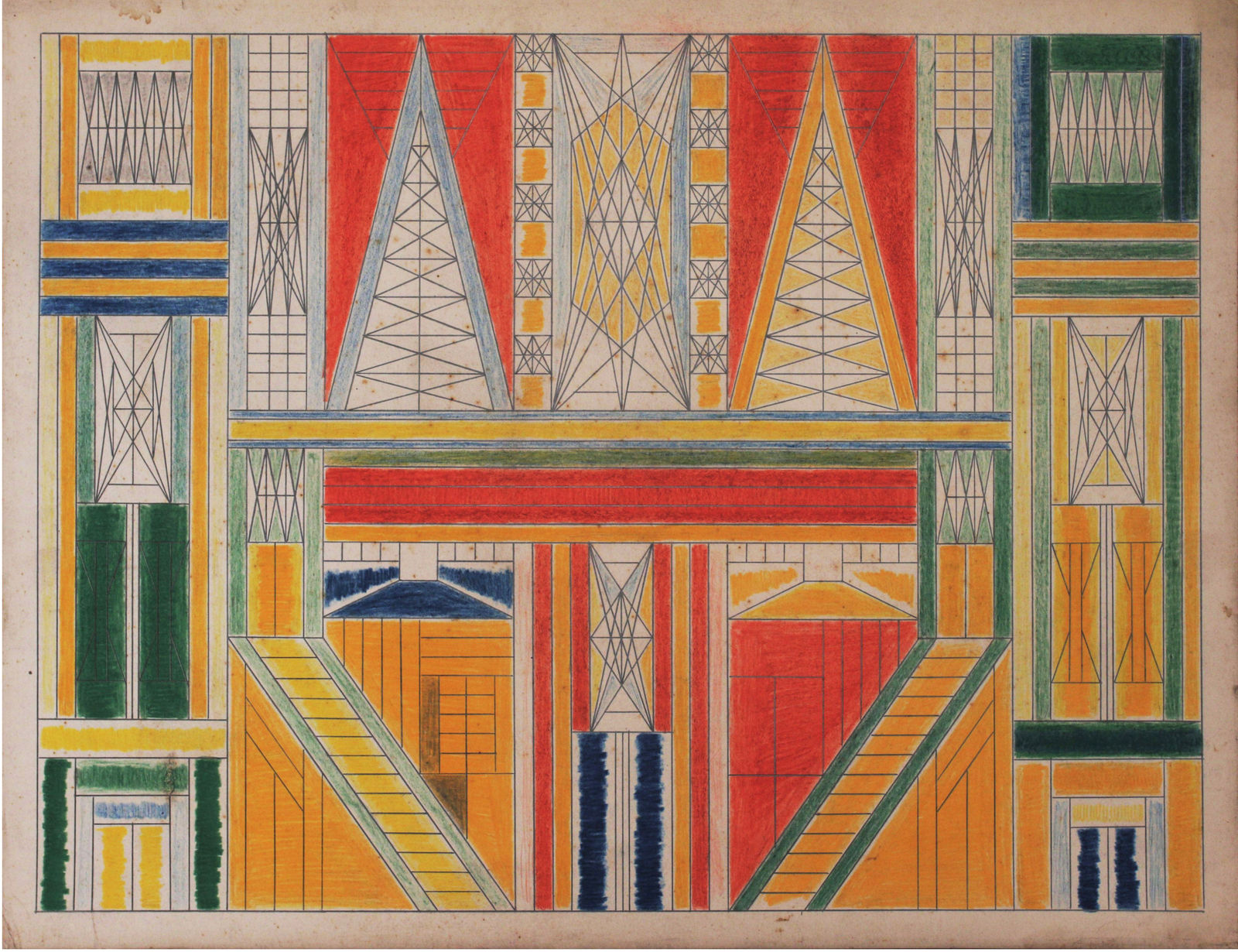 Red, orange, green, blue, and white colored sketch of various geometric shapes making up a symmetrical pattern.