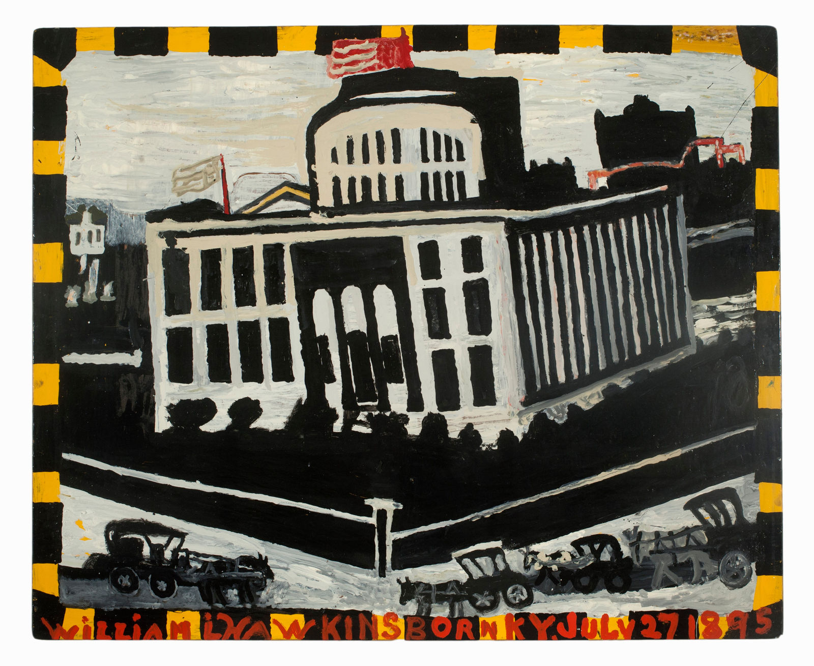 Large black and white government building with a red flag on top. Black horse and carriages are on the street below. Surrounded by a black and yellow border.