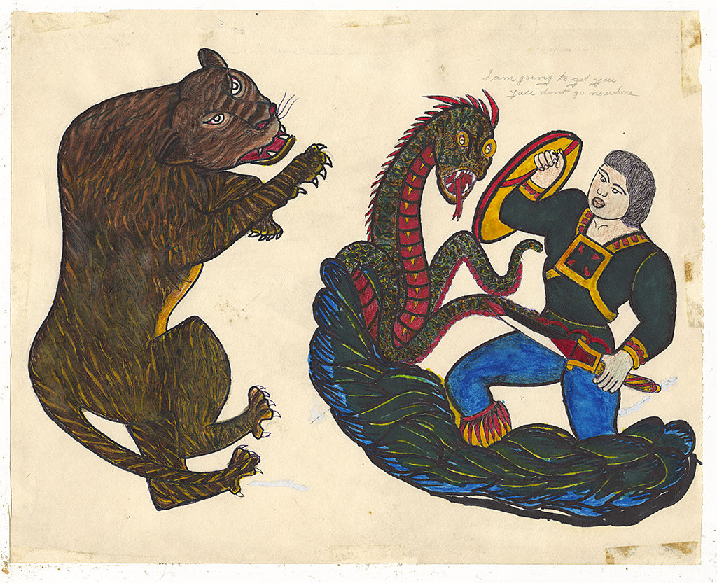 A large mean looking brown cat. A strong man with a shield and a sword fighting some sort of a green and red serpent looking dragon.