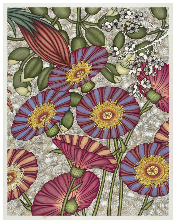 Variety of purple, yellow, green, white, and pink flowers on a white kaleidoscope background