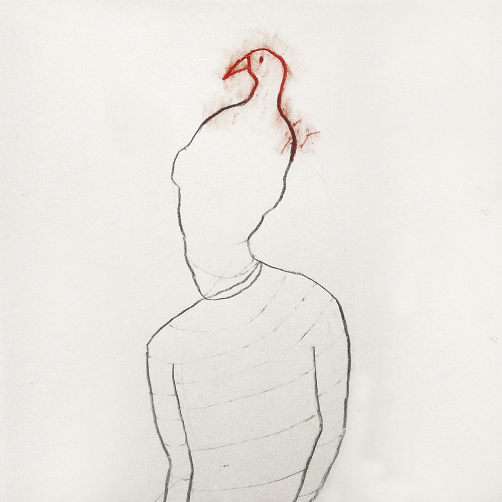 Black outline of a person with a red bird growing out the top of their head.