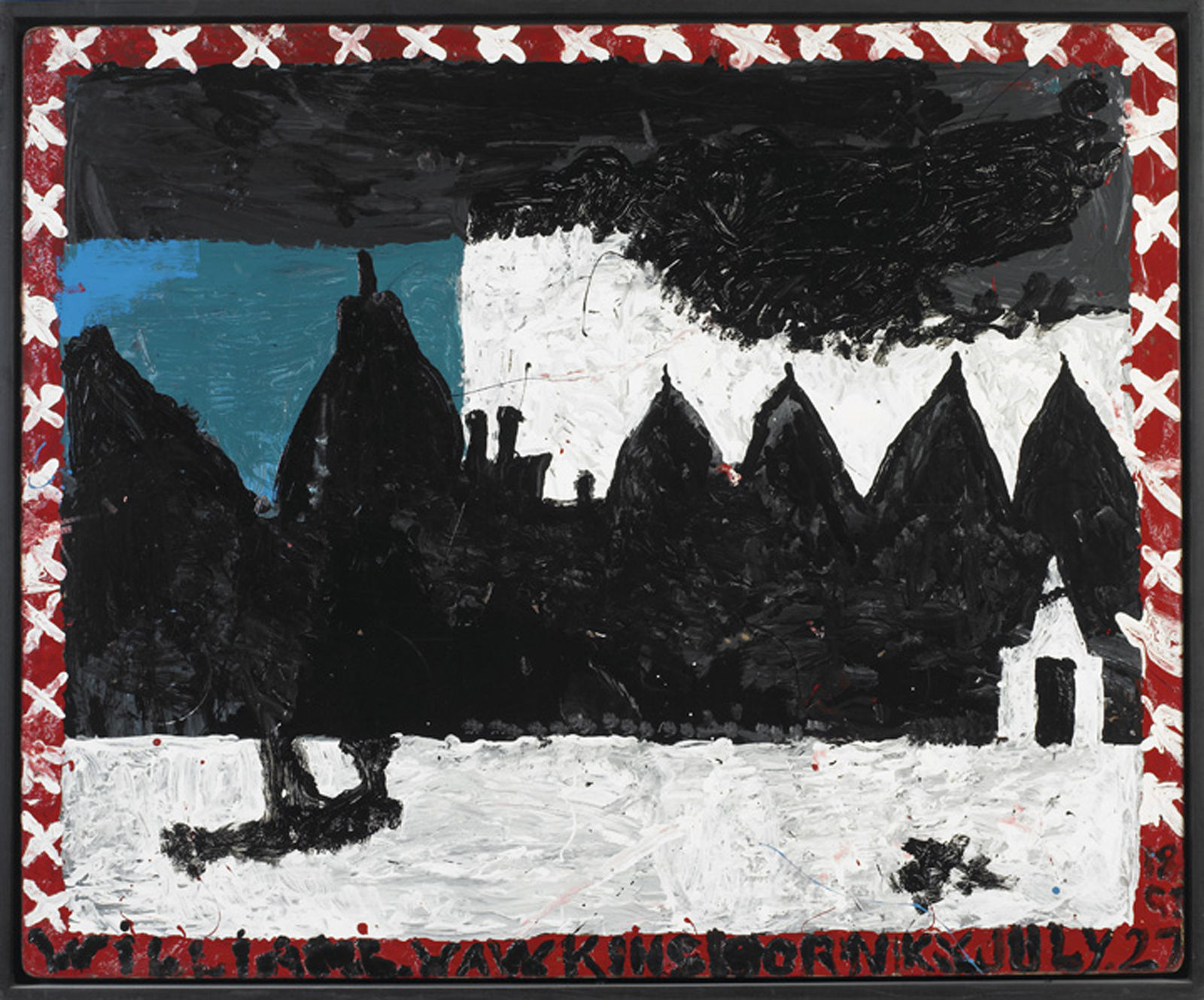 Black domed buildings with domes in a white, blue, and black landscape. Red border with white Xs.