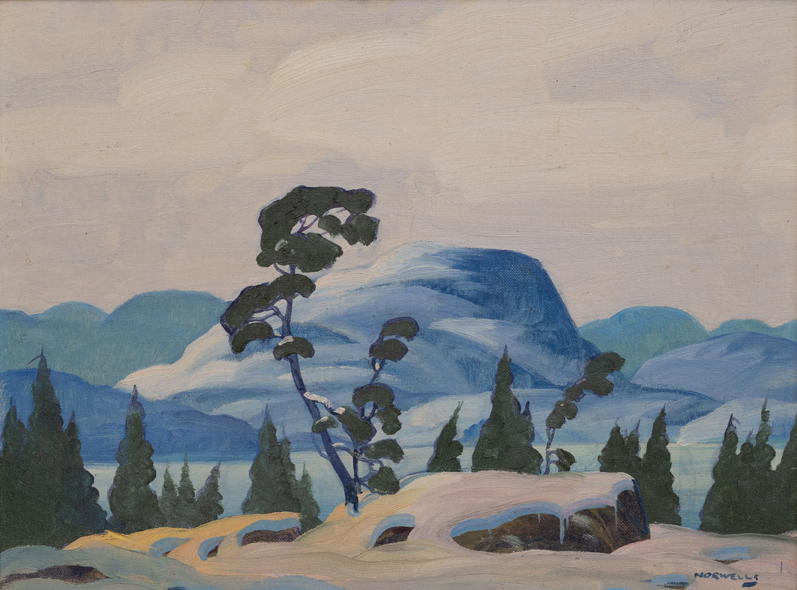 The central focus is a snow-covered landscape under a vast, open sky. A distinctive feature of this painting is the stylized, windswept pine tree in the foreground, its branches bent from the persistent winds, typical of trees at high altitudes or in exposed areas.⁠