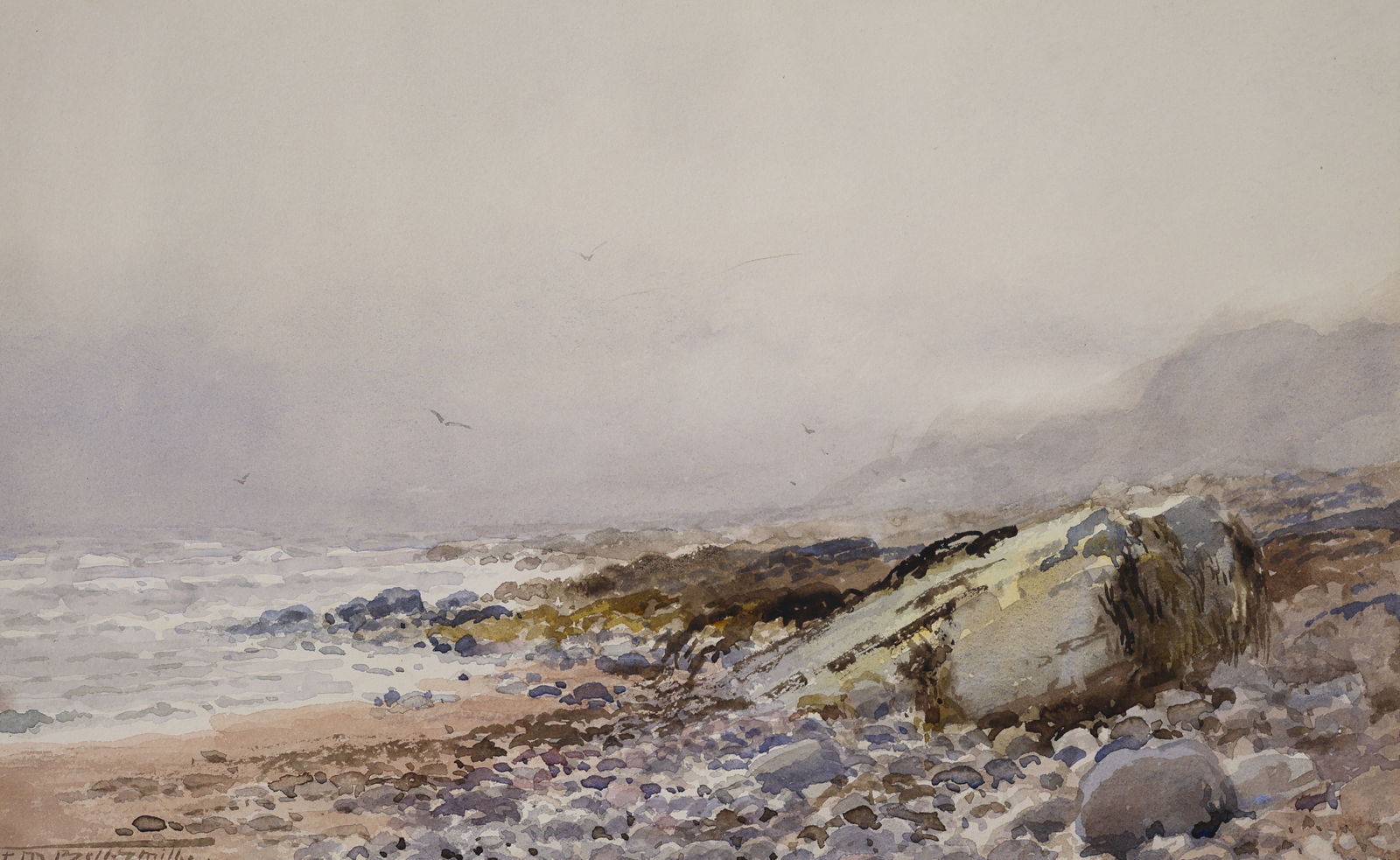Painting of a misty rocky coast