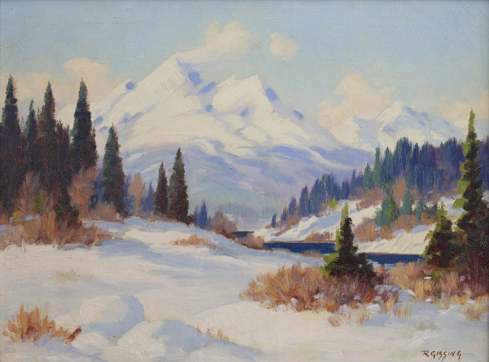 A snowy area with pine trees. Ghost Valley, Alberta painting by Roland Gissing