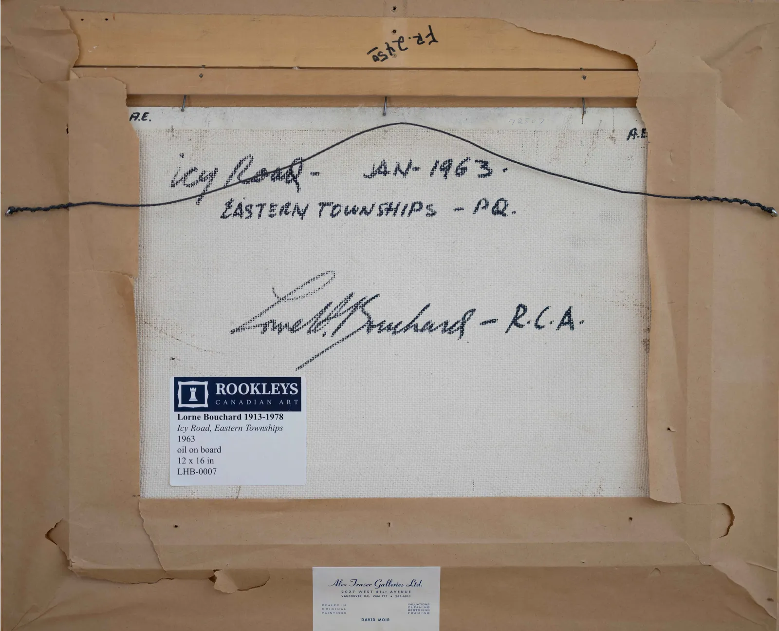 Back of framed Lorne Bouchard Icy road Eastern townships painting