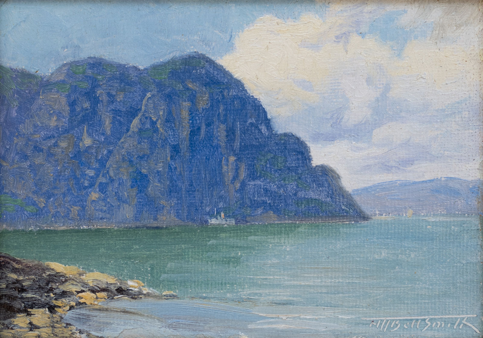 The painting presents a breathtaking view of Cape Trinity, a famed natural landmark known for its soaring cliffs.
