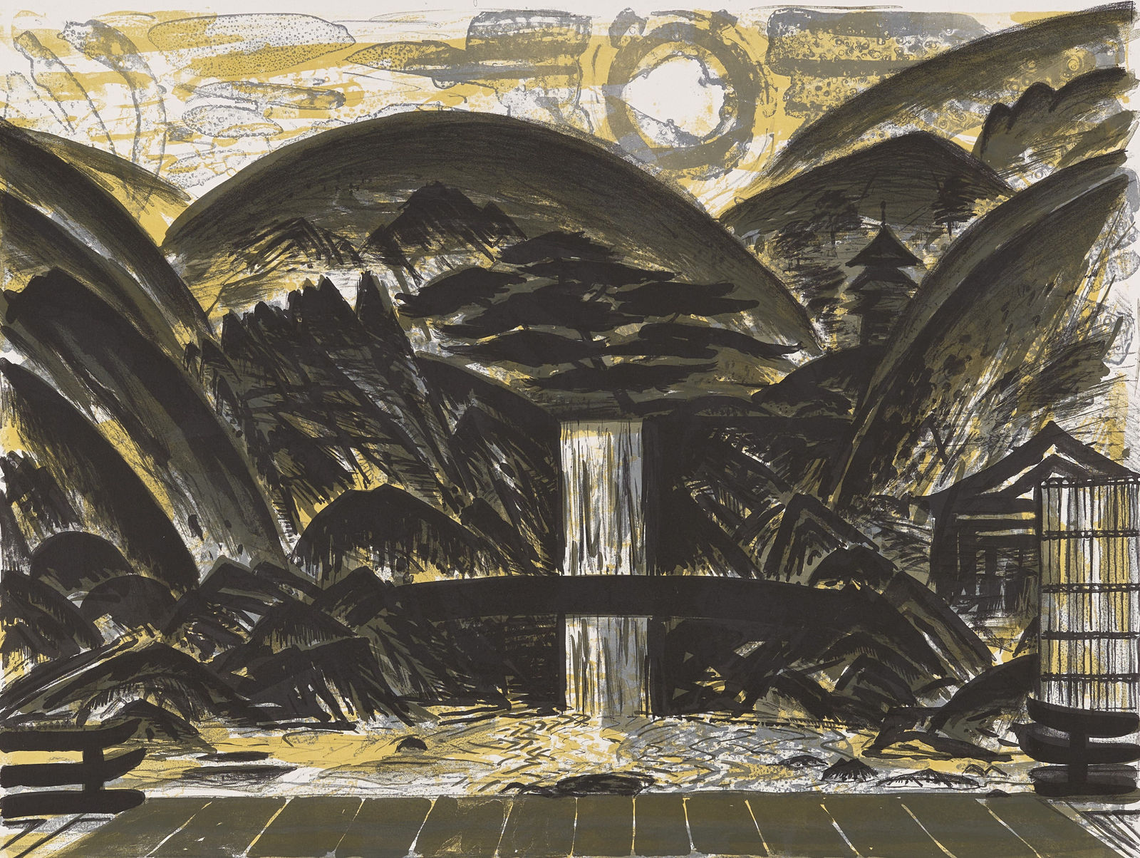 John Houston RSA, Temple Garden with Waterfall and Pagoda, 1991