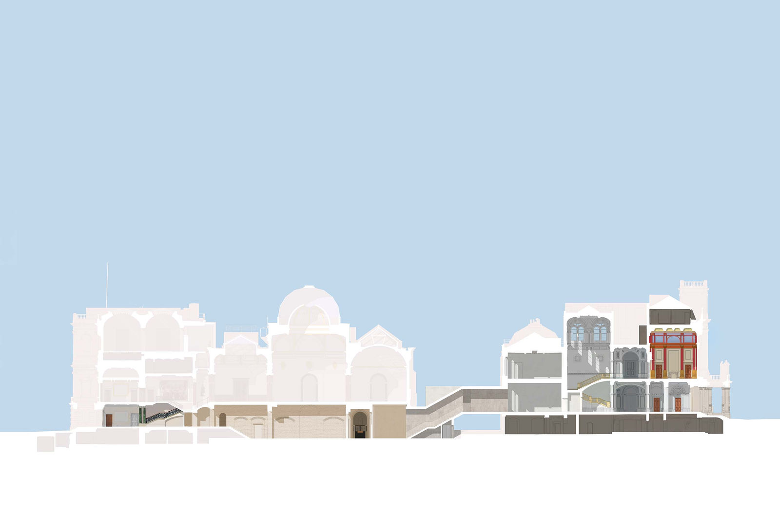 David Chipperfield Architects, Royal Academy of Arts - Section showing the new public passage that cuts through 6 Burlington Gardens and Burlington House.