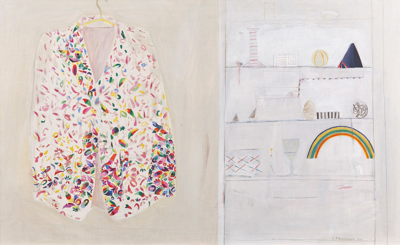 Elizabeth Blackadder RSA, Untitled (White Still Life with Rainbow and Embroidered Jacket), 1974