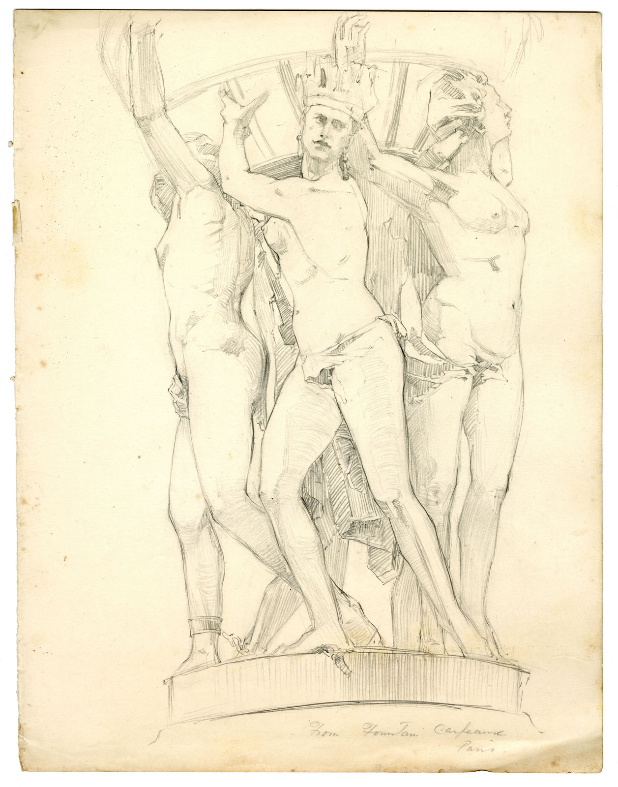 Fanindra Nath Bose ARSA, Sketch of the bronze allegorical figure of America atop La Fontaine d'Observatoire, by Carpeaux, Jardin de Luxembourg, Paris, 1911
