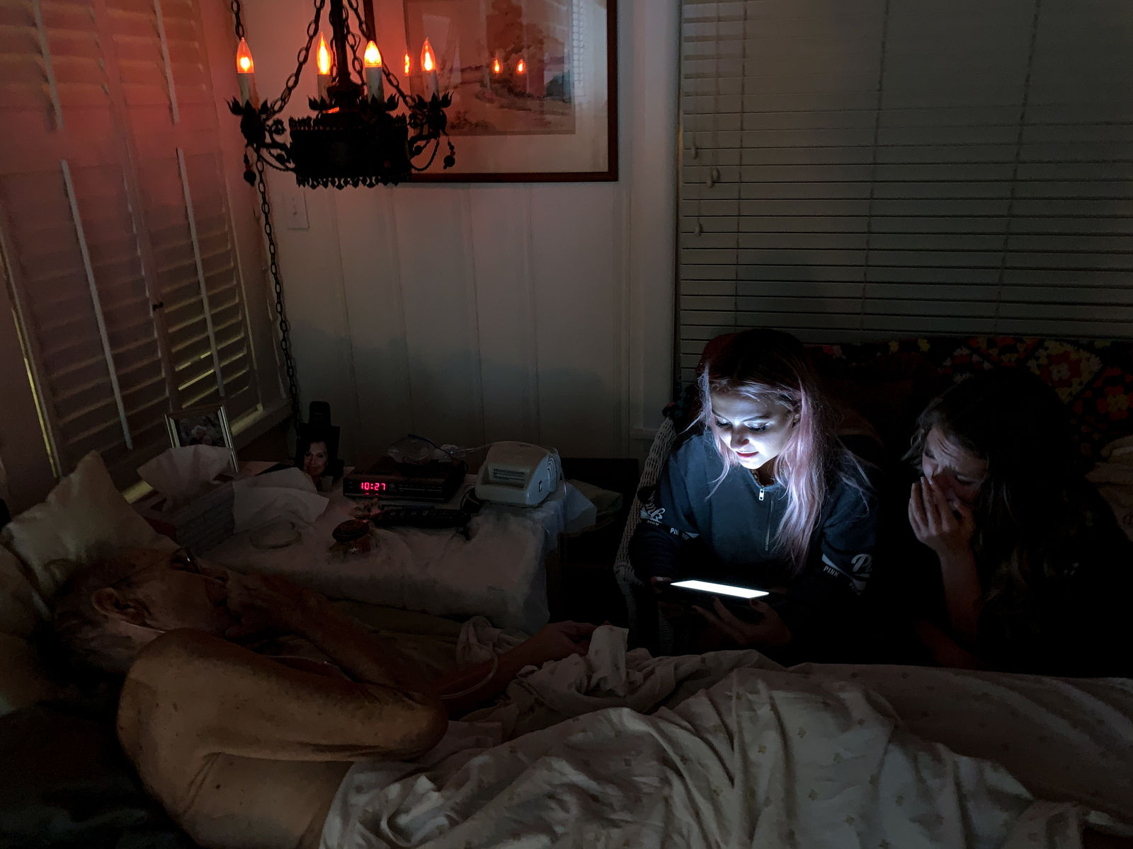 Denise DeLaunay-Wood, Olivia & Jasmine Reading to Grandpa, 2020