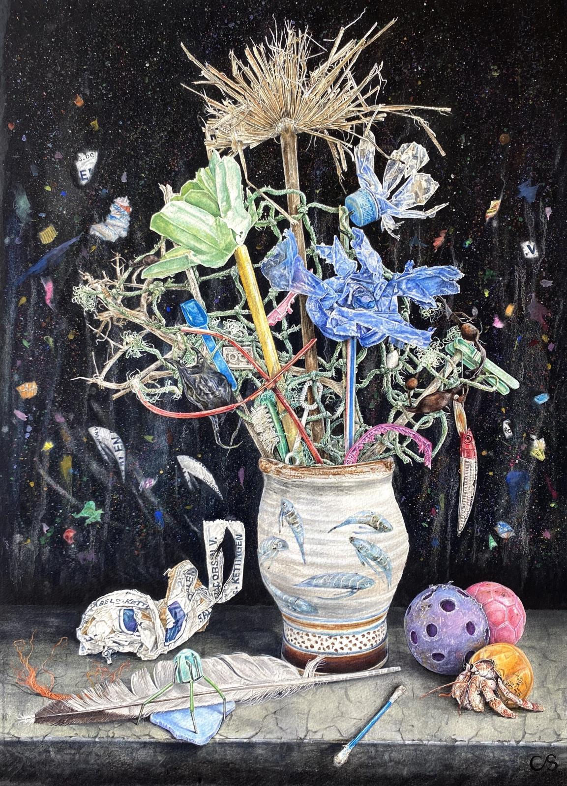 Claire Sparkes, Beach Bouquet in a Fish Vase with Plastic Soup, 2024