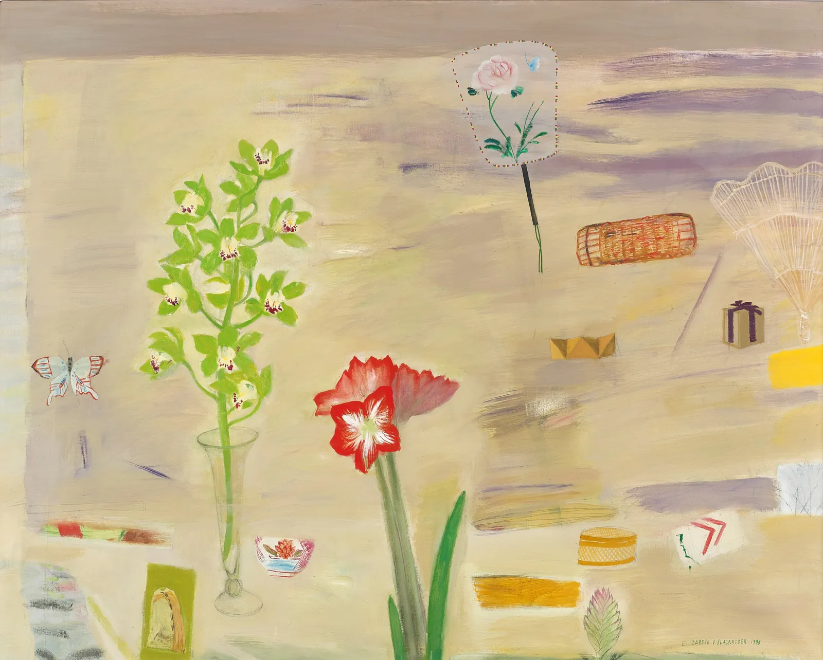 Elizabeth Blackadder RSA, Untitled (Still Life with Amaryllis and Fan), 1998