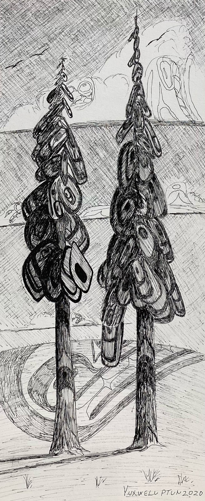Lawrence Paul Yuxweluptun, Two Trees on the Land, 2020