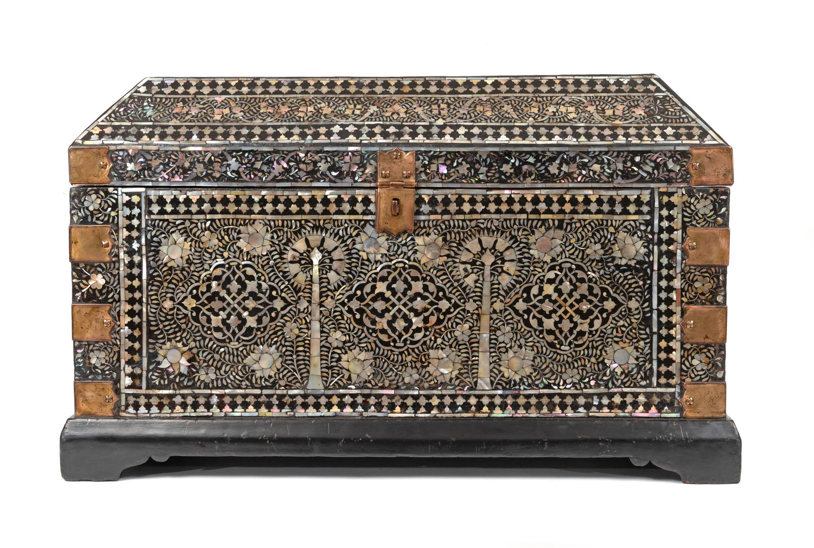 An Indo-Portuguese large mother-of-pearl and mastic Gujarati chest, India, Gujarat; second half of the 16th century