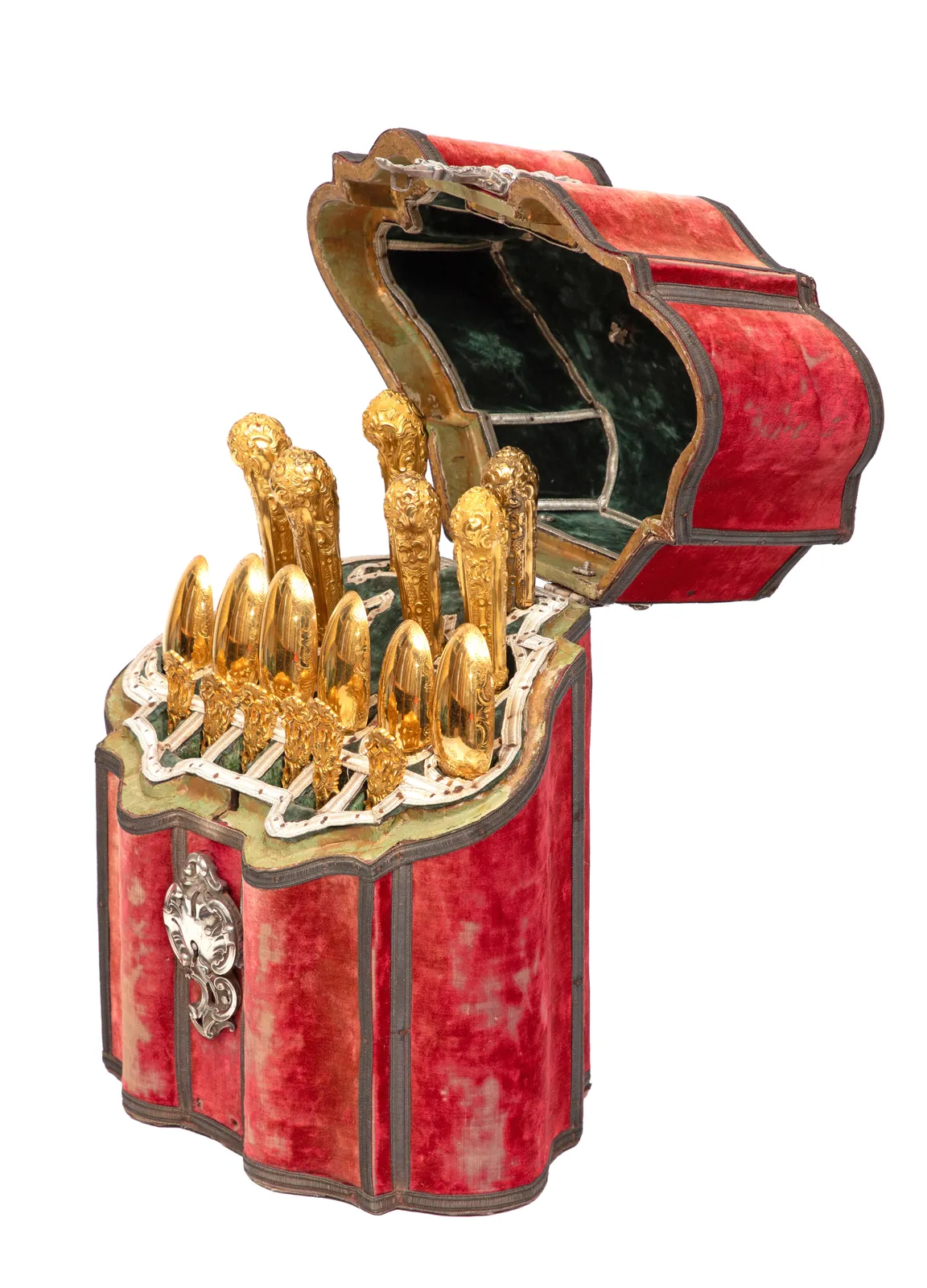 Conjunto de talheres - colheres, garfos e facas em ouro (6 de cada), com estojo/barretina, Portugal, Lisboa, ca. 1740-1750