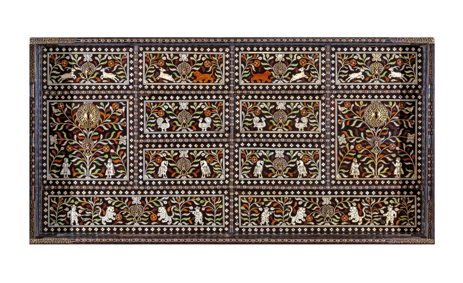 A two-door Indo-Portuguese cabinet on stand depicting Portuguese noblemen hunting scenes, India, probably Thane; 1560–1630