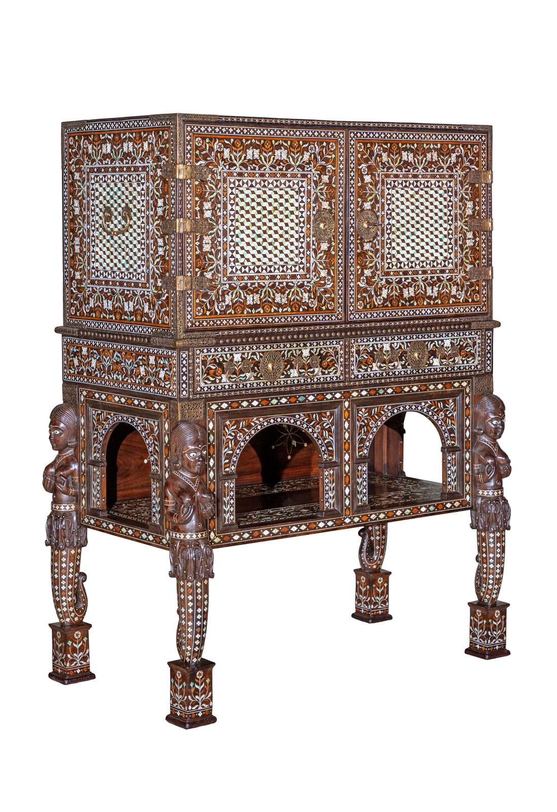 A two-door Indo-Portuguese cabinet on stand depicting Portuguese noblemen hunting scenes, India, probably Thane; 1560–1630