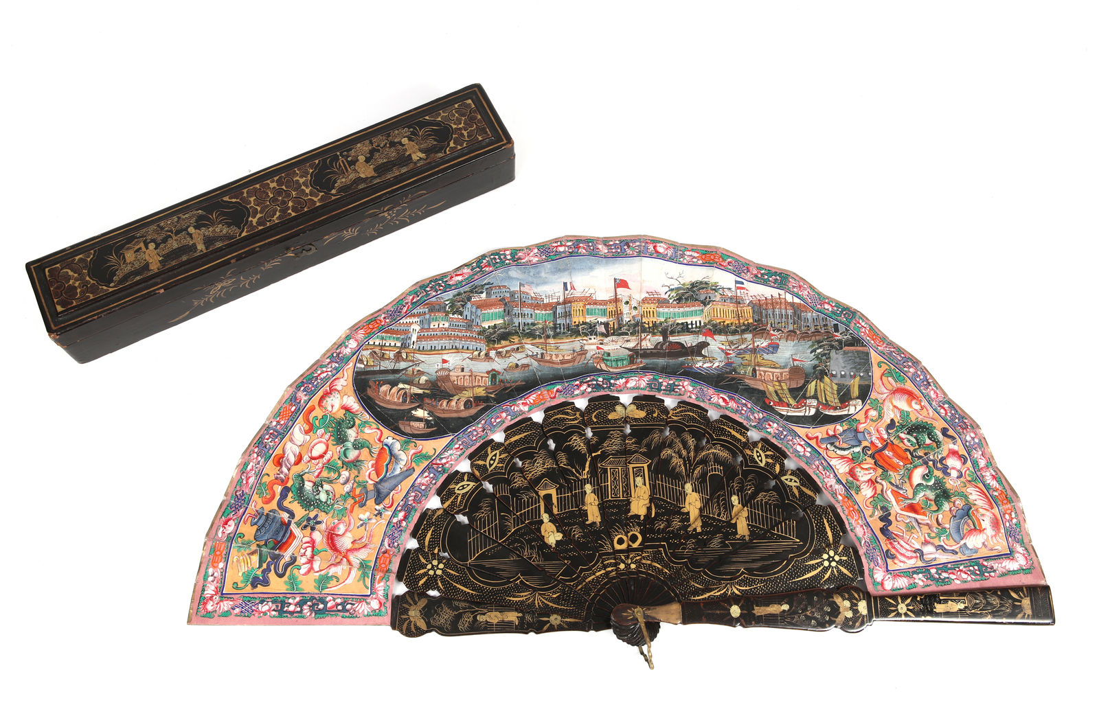 A ‘Mandarin’ folding fan with a view of Canton (Guangzhou), China, Daoguang reign; 1848–49