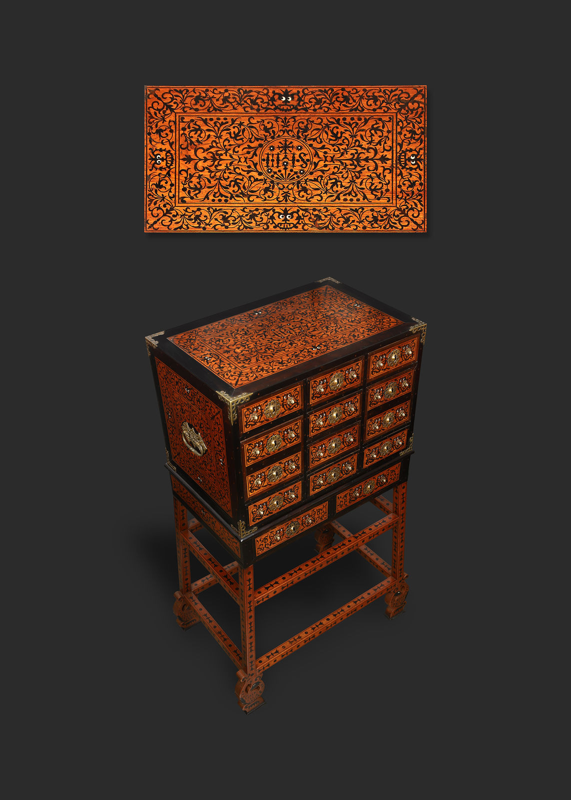 An Indo Portuguese Cabinet on Stand with the Jesuits Insignia , Goa, 17th century