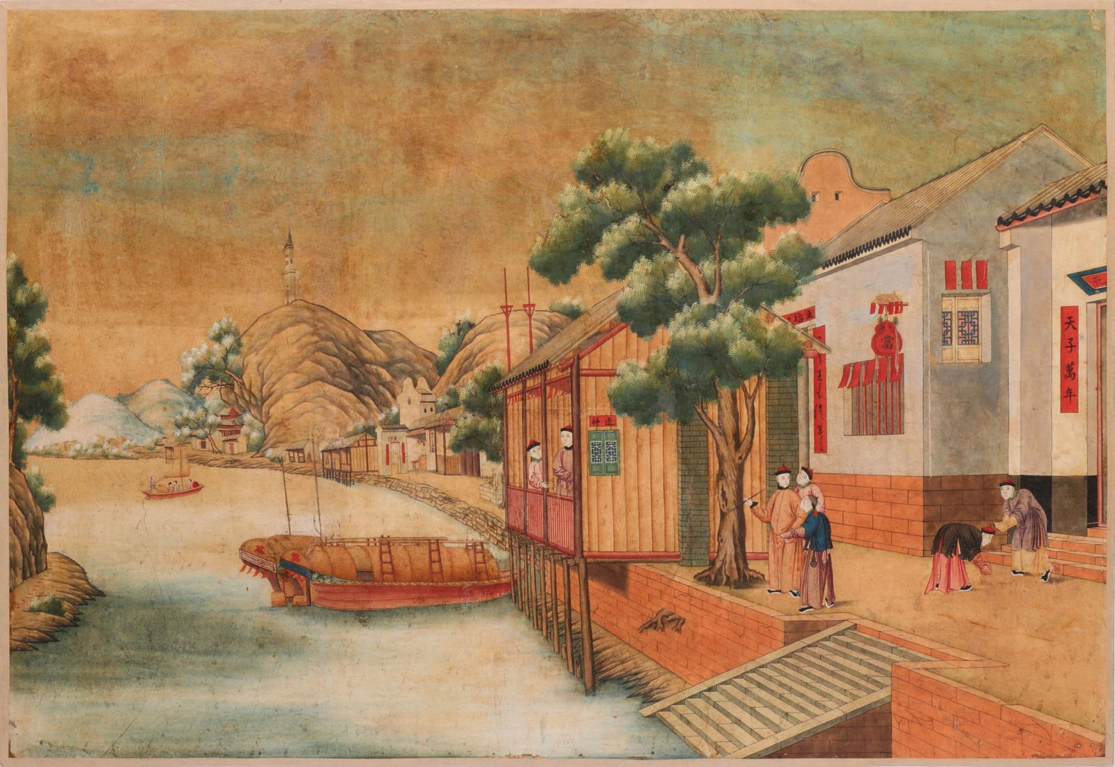 Pintura Chinesa "China Trade" (Cantão) - Paisagem Fluvial com cais (docas), Finais do século XVIII