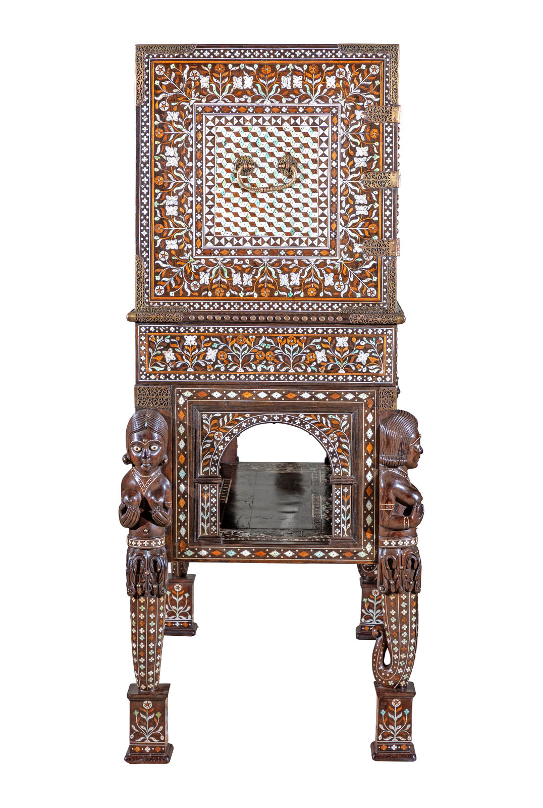 A two-door Indo-Portuguese cabinet on stand depicting Portuguese noblemen hunting scenes, India, probably Thane; 1560–1630