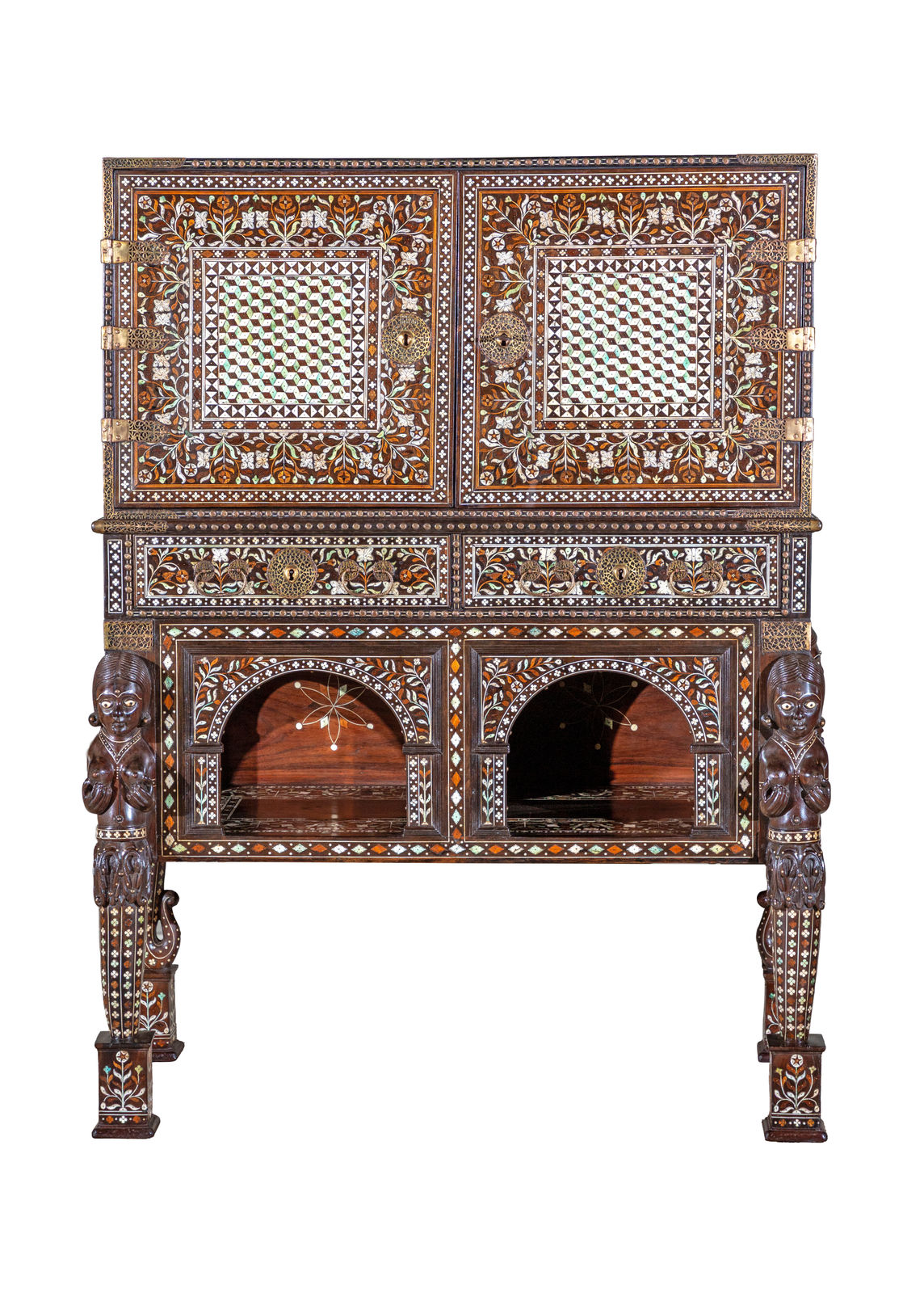 A two-door Indo-Portuguese cabinet on stand depicting Portuguese noblemen hunting scenes, India, probably Thane; 1560–1630