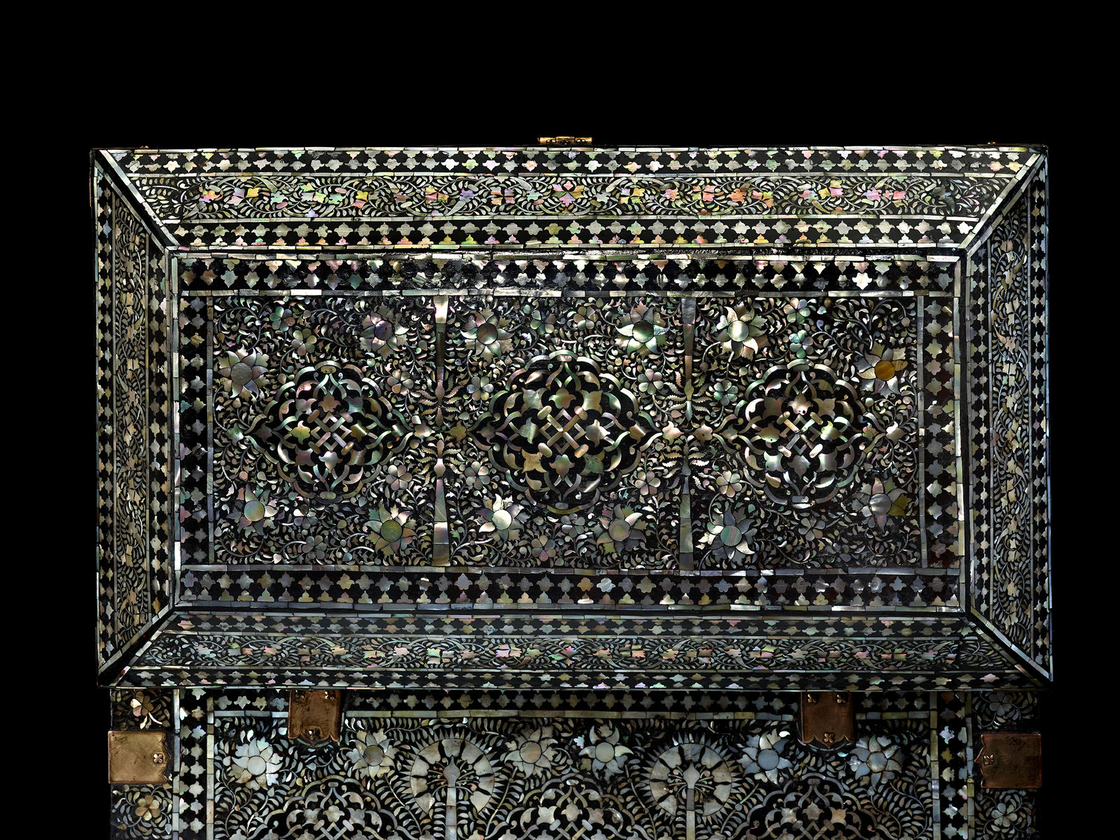 An Indo-Portuguese large mother-of-pearl and mastic Gujarati chest, India, Gujarat; second half of the 16th century